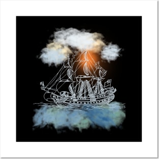 Sailing Ship with Orange Sun Posters and Art